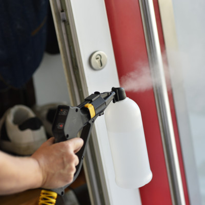 HB Solution application on the handle of the entrance door against none and bacteria